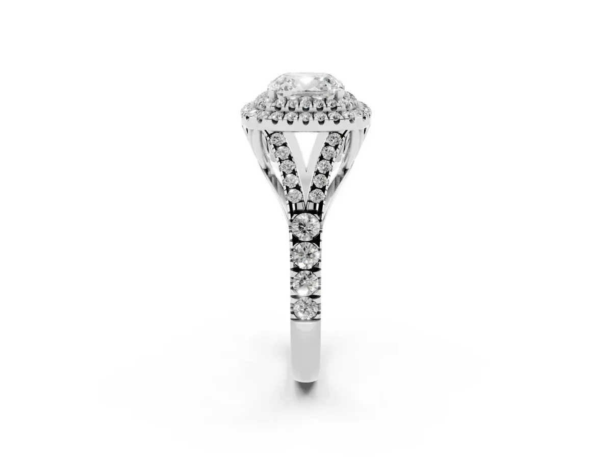 Cushion Cut Diamond Pavé Split Shank Double Halo Engagement Ring Silver