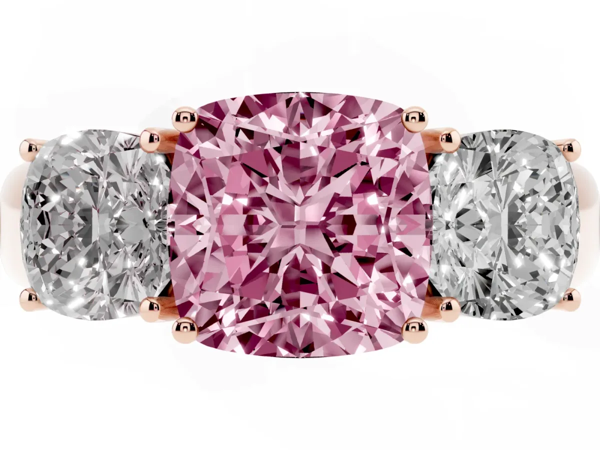 Fancy Pink Three-Stone Cushion Cut Cut Diamond Ring with Prong Setting and Classic Band Rose gold