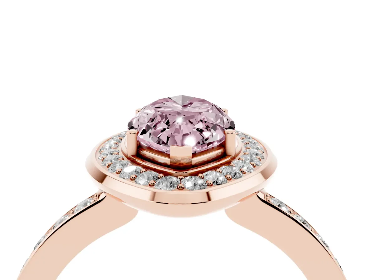 Fancy Pink Marquise Cut Diamond Halo Ring with Bezel Frame and Pavé Band Rose gold