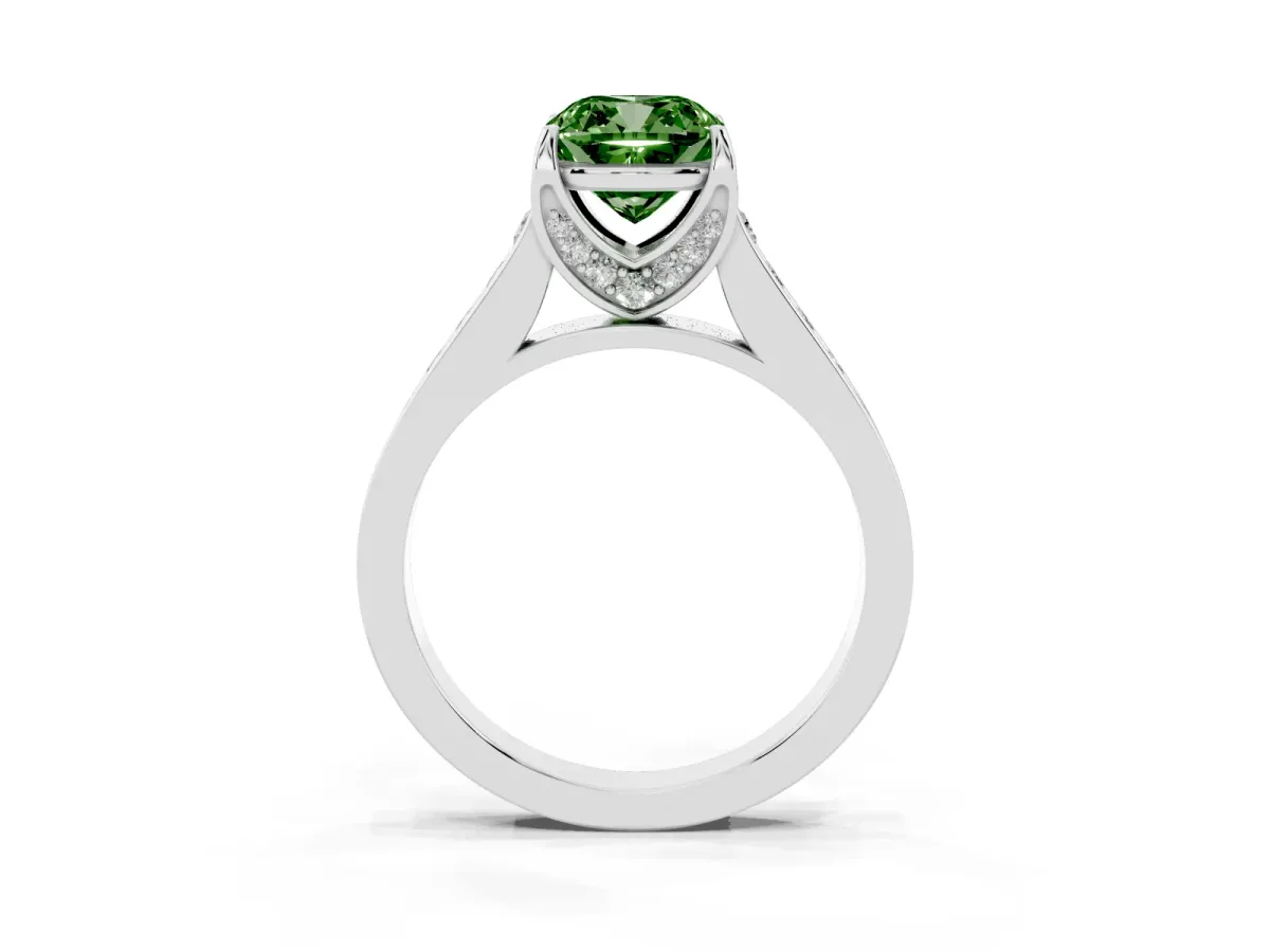 Fancy Green Cushion Cut Brilliant Cut Diamond Engagement Ring with Pavé Band and Four-Prong Setting Platinum