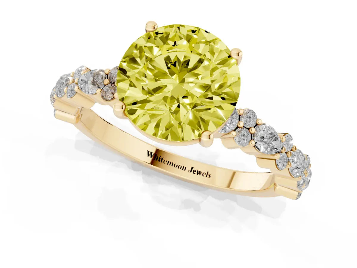 Fancy Yellow Round Cut Diamond Side Stone Solitaire Ring with Round and Four-Prong Setting Yellow gold