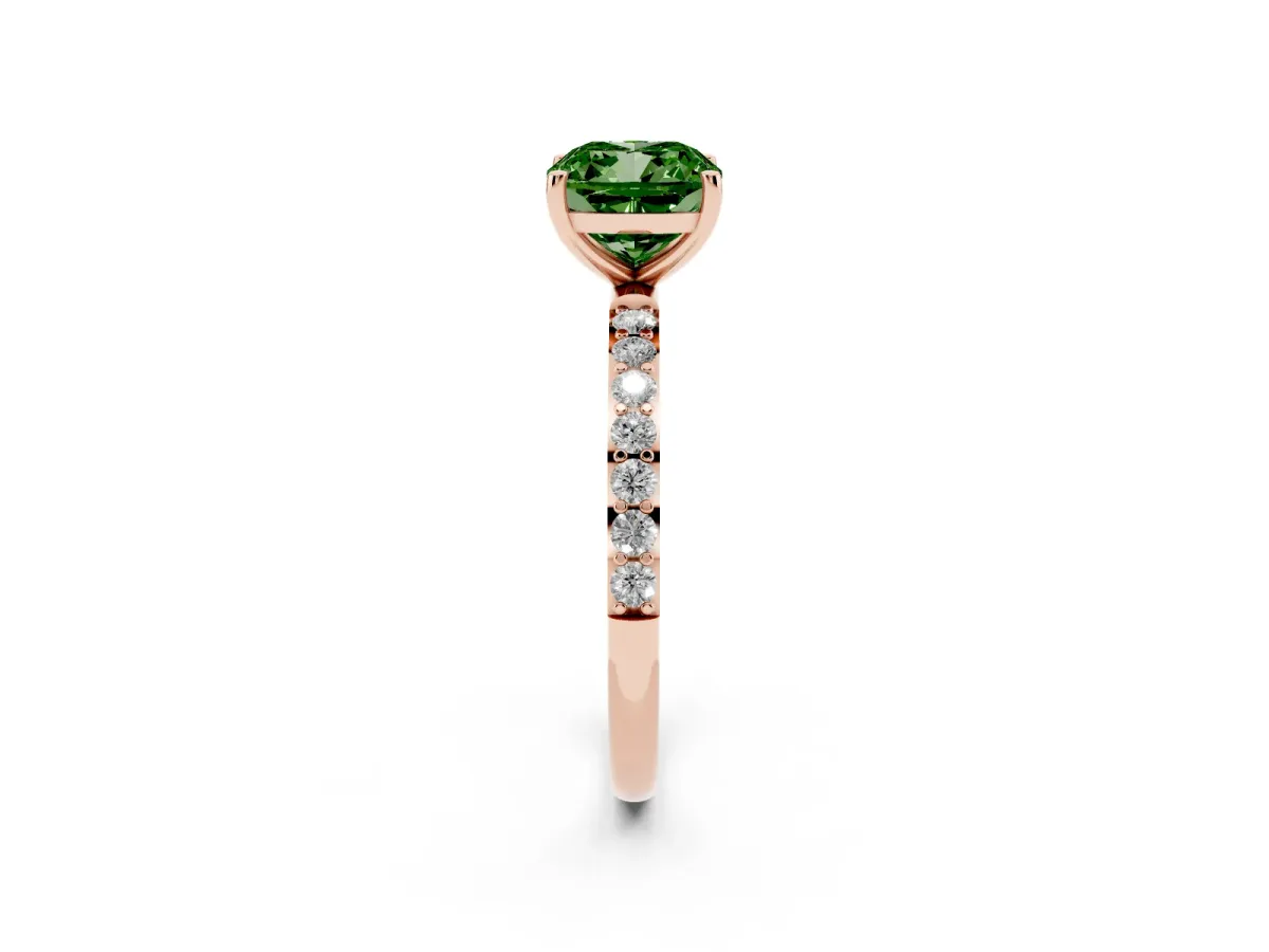 Fancy Green Cushion Cut Diamond Solitaire Ring with Round Pavé Shoulders and Prong Setting Rose gold