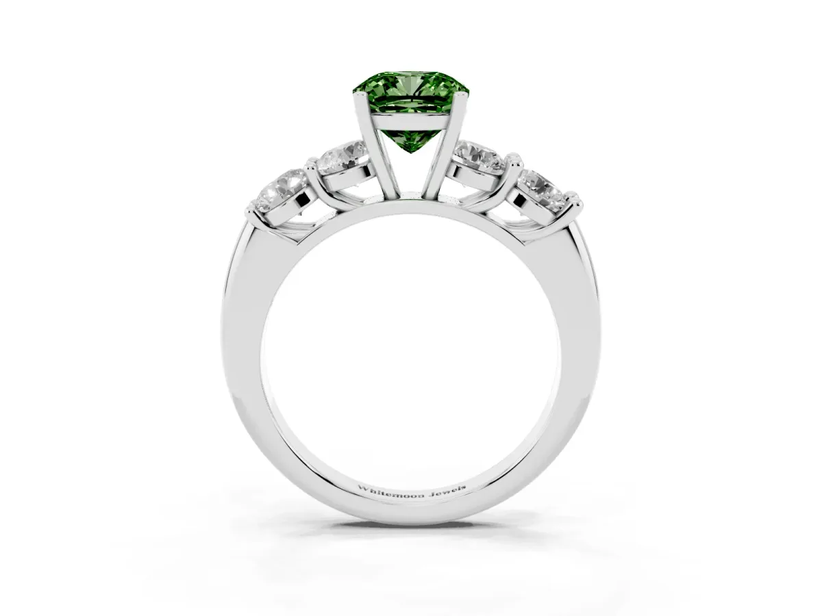 Fancy Green Cushion Cut Cut Five-Stone Prong Set Diamond Ring with Classic Band Silver
