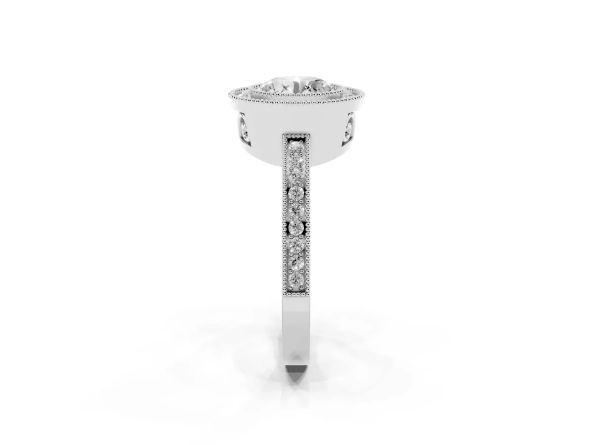 Round Cut Cut Halo Diamond Ring with Pavé Band and Milgrain Prong Setting Silver