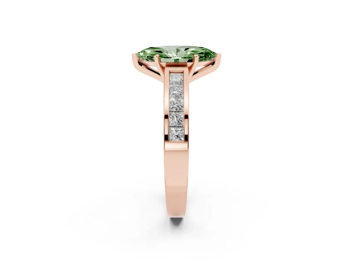 Fancy Green Marquise Cut Solitaire Diamond Ring with Channel-Set Band and Four-Prong Setting Rose gold