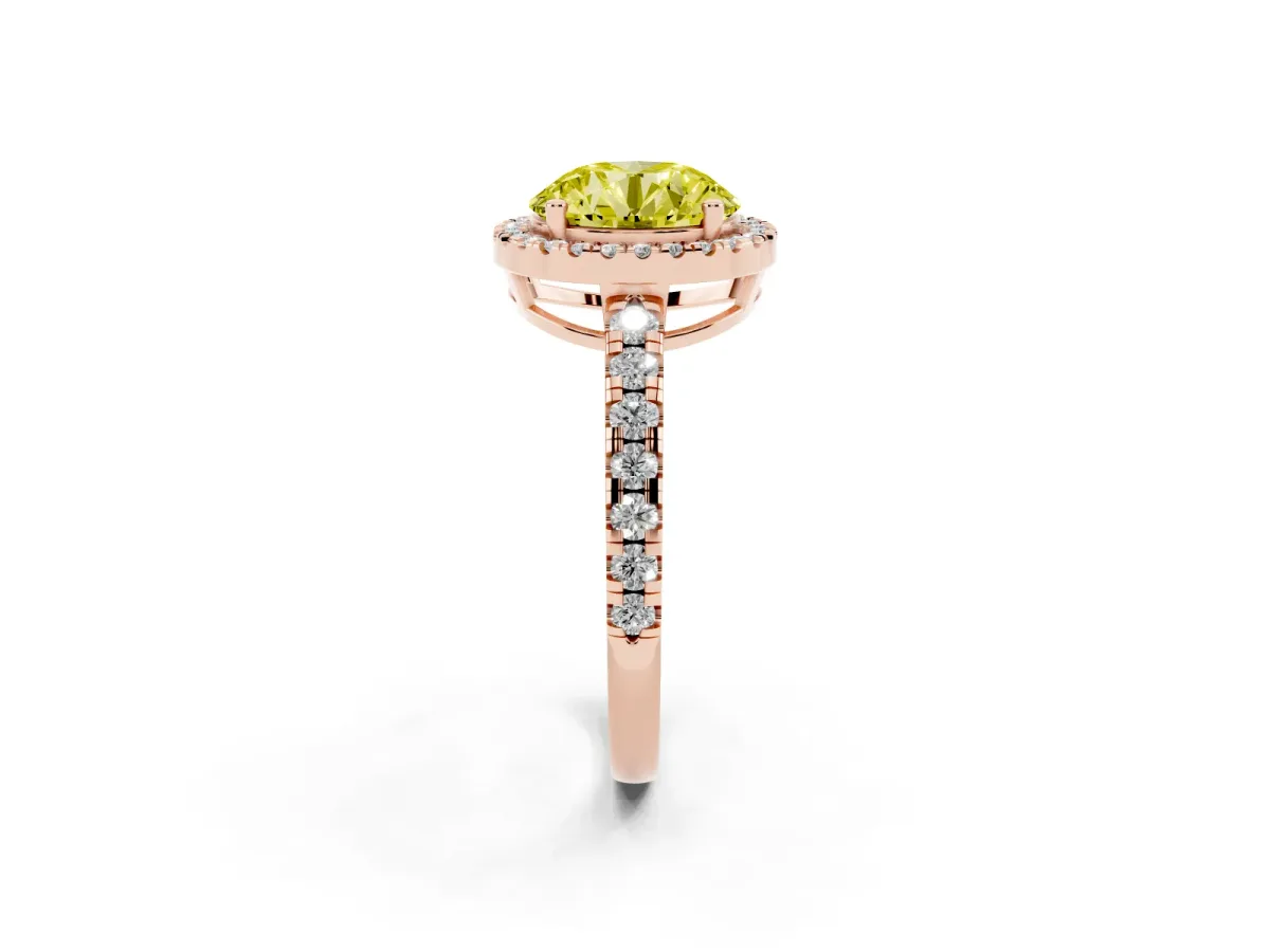 Fancy Yellow Round Cut Diamond Halo Ring with Pavé Band and Four-Prong Setting Rose gold