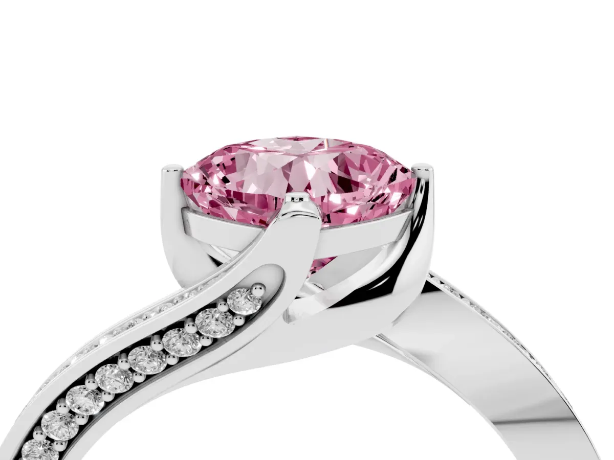Fancy Pink Cushion Cut Solitaire Diamond Twist Band with Pavé Setting and Four-Prong Setting Silver
