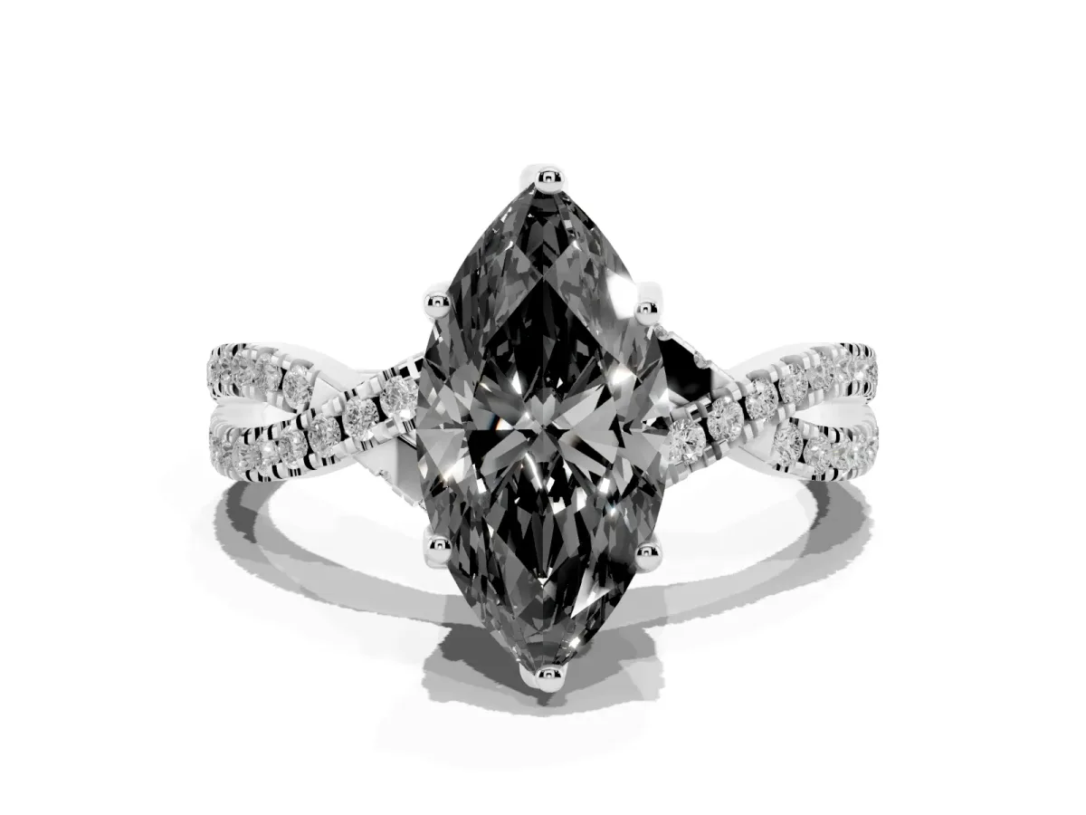 Fancy Black Marquise Cut Solitaire Twist Pave Diamond Engagement Ring with Prong Setting Silver