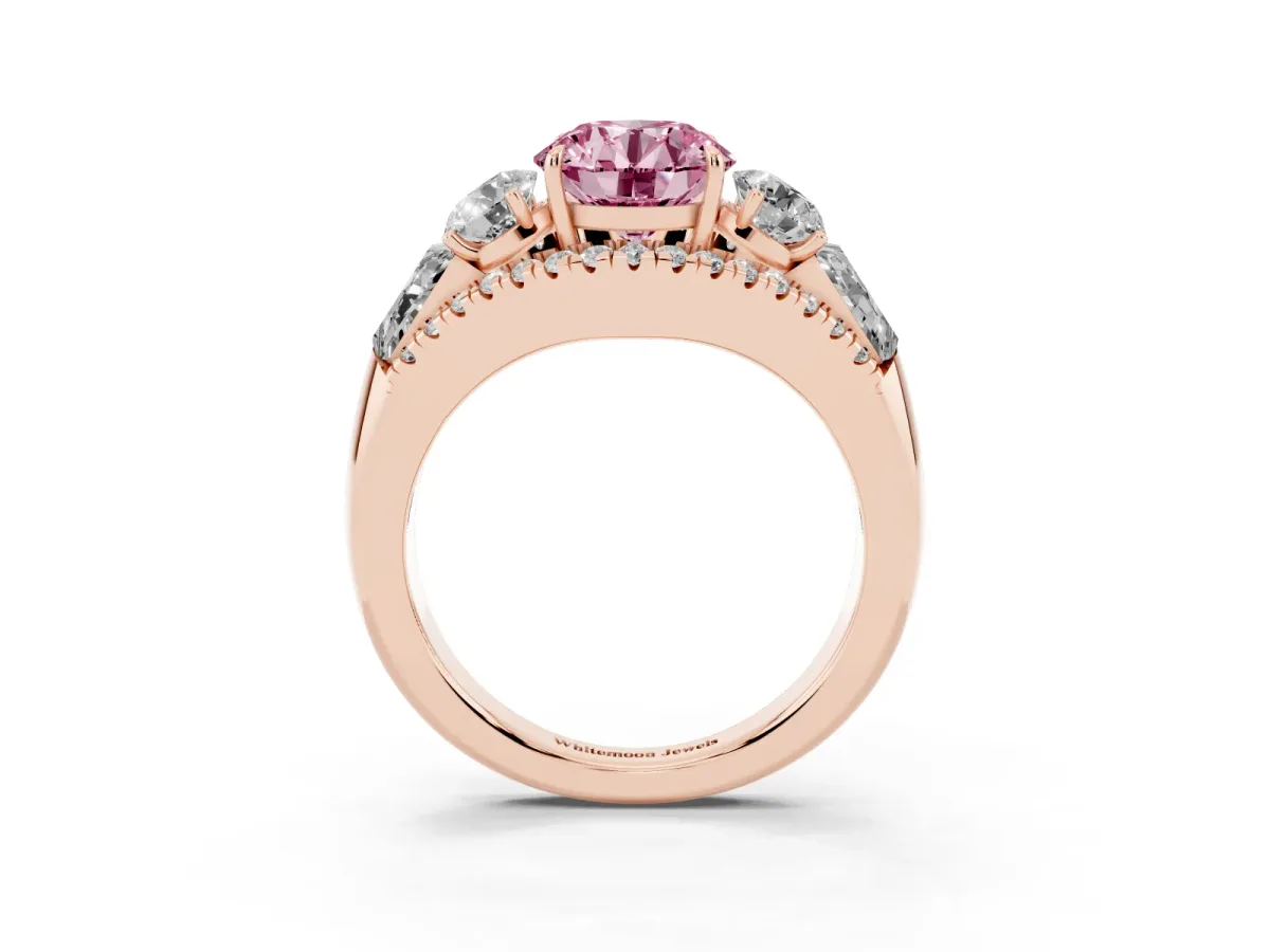 Fancy Pink Three-Stone Round Cut Diamond Engagement Ring with Pave Band and Prong Setting Rose gold