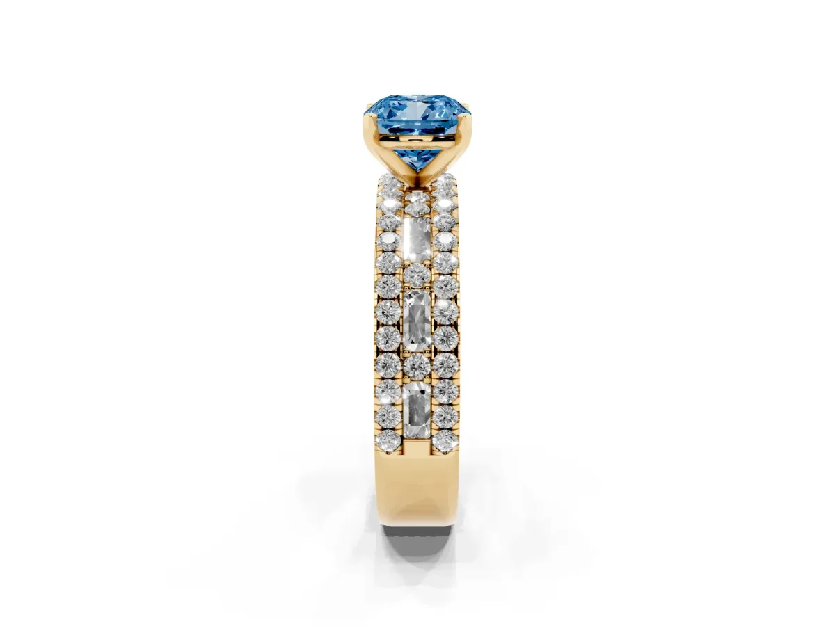 Fancy Blue Cushion Cut Diamond Solitaire Ring with Pavé and Channel Set Band Yellow gold