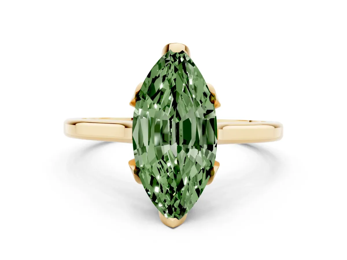 Fancy Green Marquise Cut Diamond Solitaire Ring with Flower Prong Setting and Classic Band Yellow gold