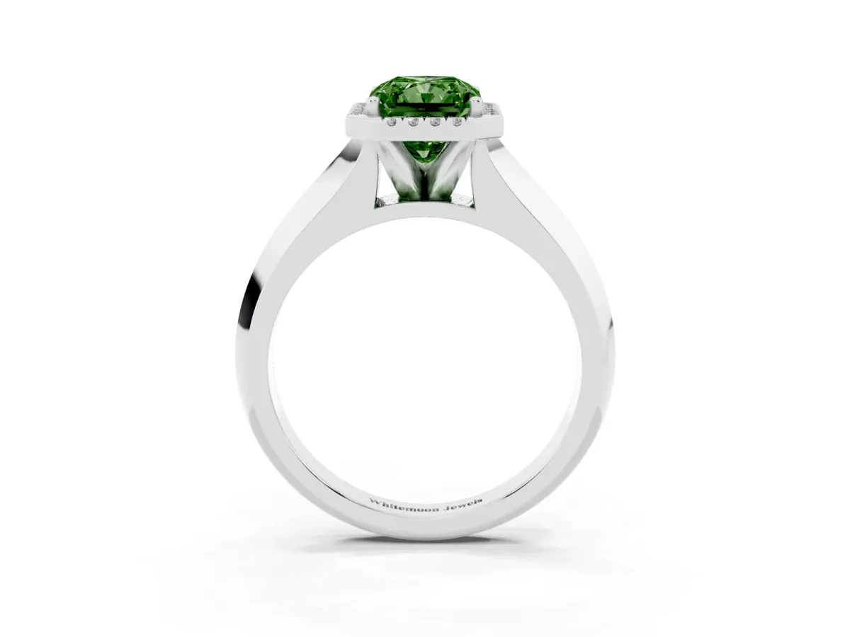 Fancy Green Radiant Cut Halo Diamond Ring with Cathedral Band and Four-Prong Setting White gold