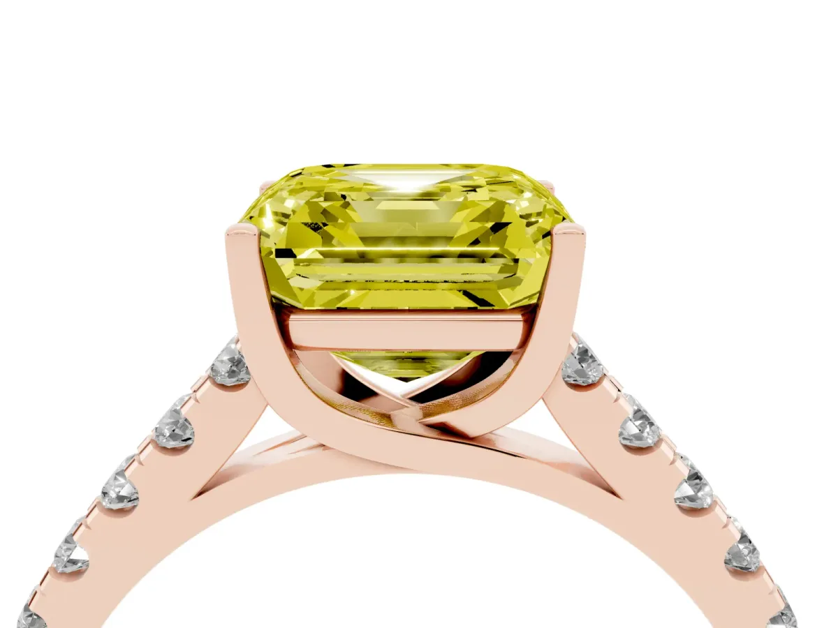 Fancy Yellow Asscher Cut Diamond Pavé Band Solitaire Ring with Prong Setting Rose gold
