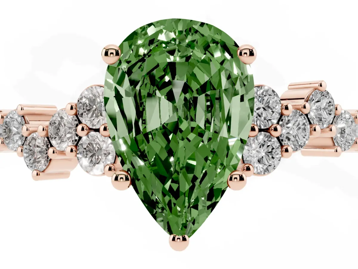 Fancy Green Pear Cut Diamond Scattered Round Accent Ring with Prong Setting Rose gold