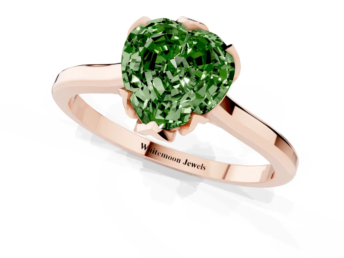 Fancy Green Heart Cut Diamond Solitaire Ring with Flower Prong Setting and Classic Band Rose gold