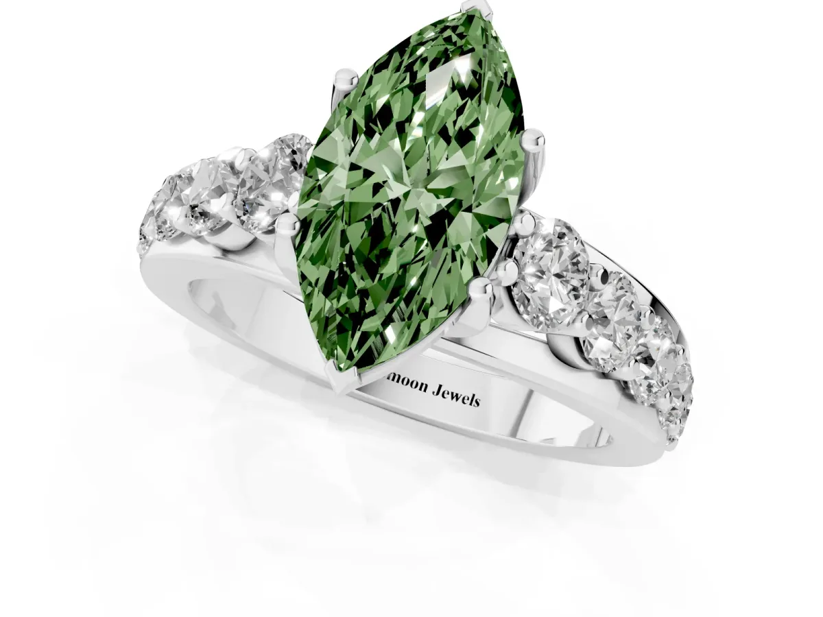 Fancy Green Marquise Cut Diamond Engagement Ring with Pavé Band and Four-Prong Setting Silver