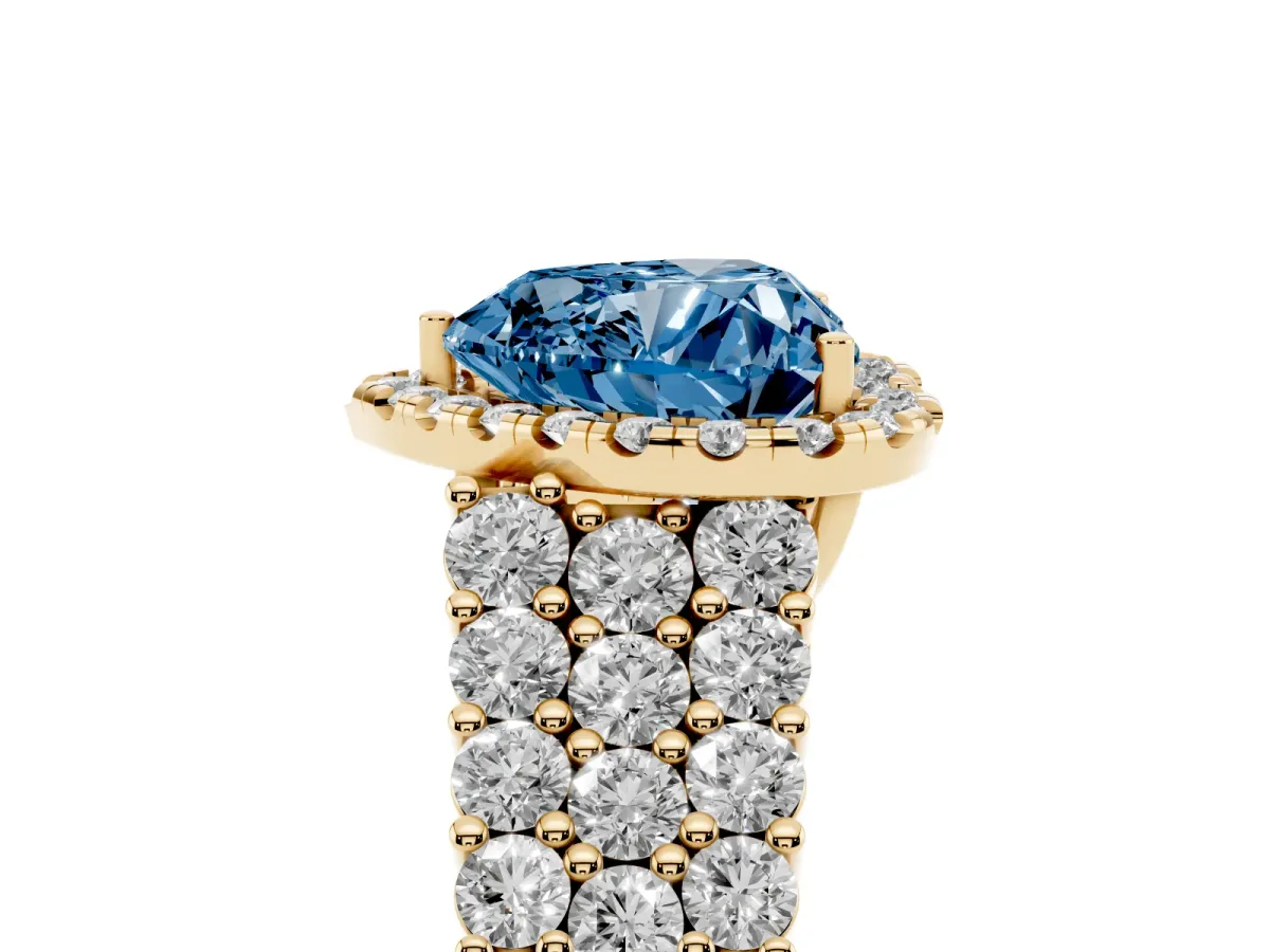 Fancy Blue Heart Cut Diamond Halo Engagement Ring with Triple Row Round Pavé Band and Prong Setting Yellow gold