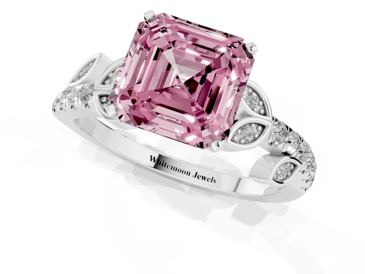 Fancy Pink Asscher Cut Solitaire Leaf-Inspired Diamond Ring with Pavé Band and Four-Prong Setting Silver