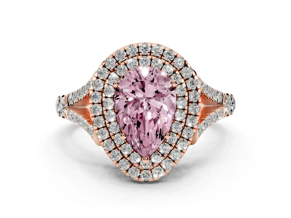 Fancy Pink Pear Cut Cut Double Halo Split Shank Diamond Ring with Prong Setting Rose gold