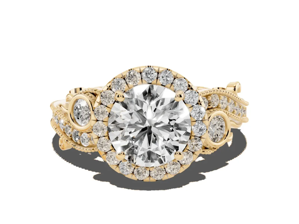 Round Cut Diamond Halo Ring with Milgrain Pavé Band and Four-Prong Setting Yellow gold