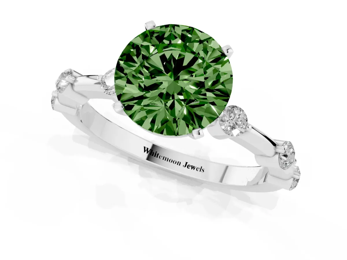 Fancy Green Round Cut Solitaire Diamond Ring with Bezel Set Side Stones and Prong Setting Silver
