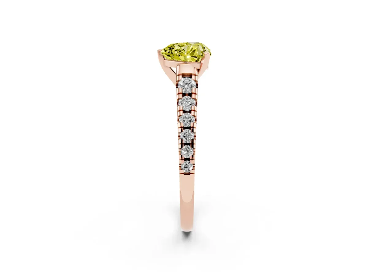 Fancy Yellow Heart Cut Diamond Cathedral Solitaire Ring with Round Pavé Band Rose gold
