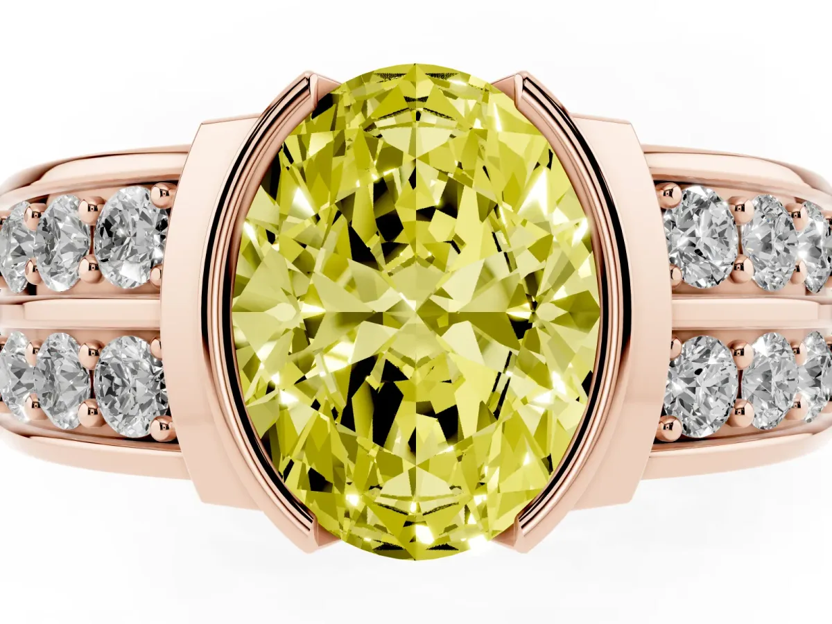 Fancy Yellow Oval Cut Brilliant Diamond Channel Set Wide Band Ring with Bezel Setting Rose gold