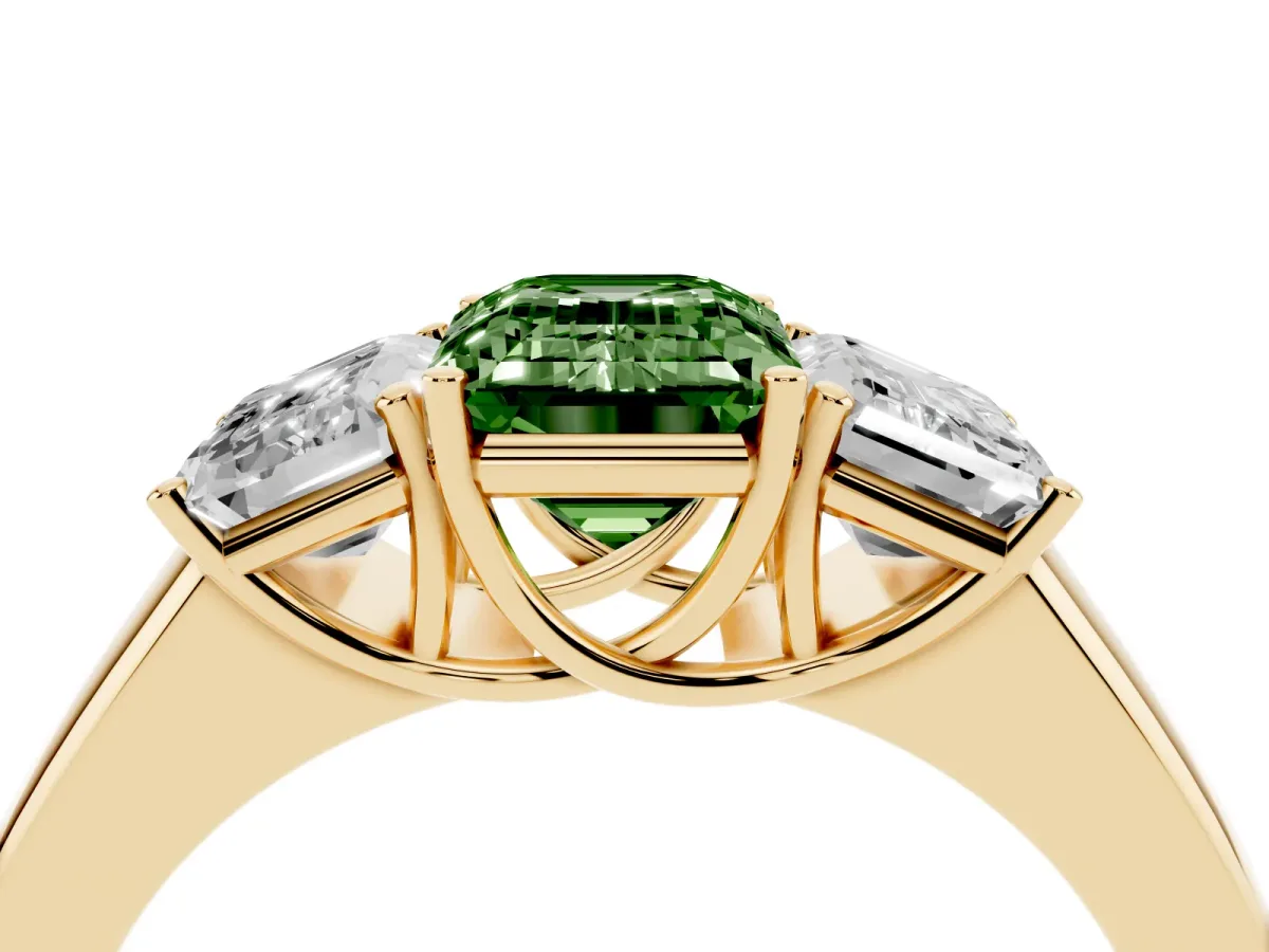 Fancy Green Three-Stone Emerald Cut Cut Diamond Ring with Prong Setting and Classic Band Yellow gold