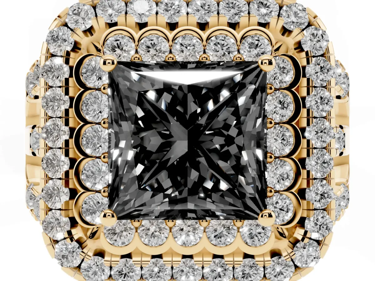Fancy Black Princess Cut Diamond Double Halo Ring with Round Pavé Split Shank and Prong Setting Yellow gold