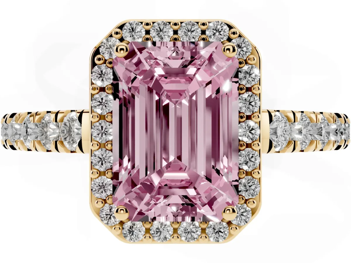 Fancy Pink Emerald Cut Cut Halo Diamond Engagement Ring with Pave Band and Four-Prong Setting Yellow gold