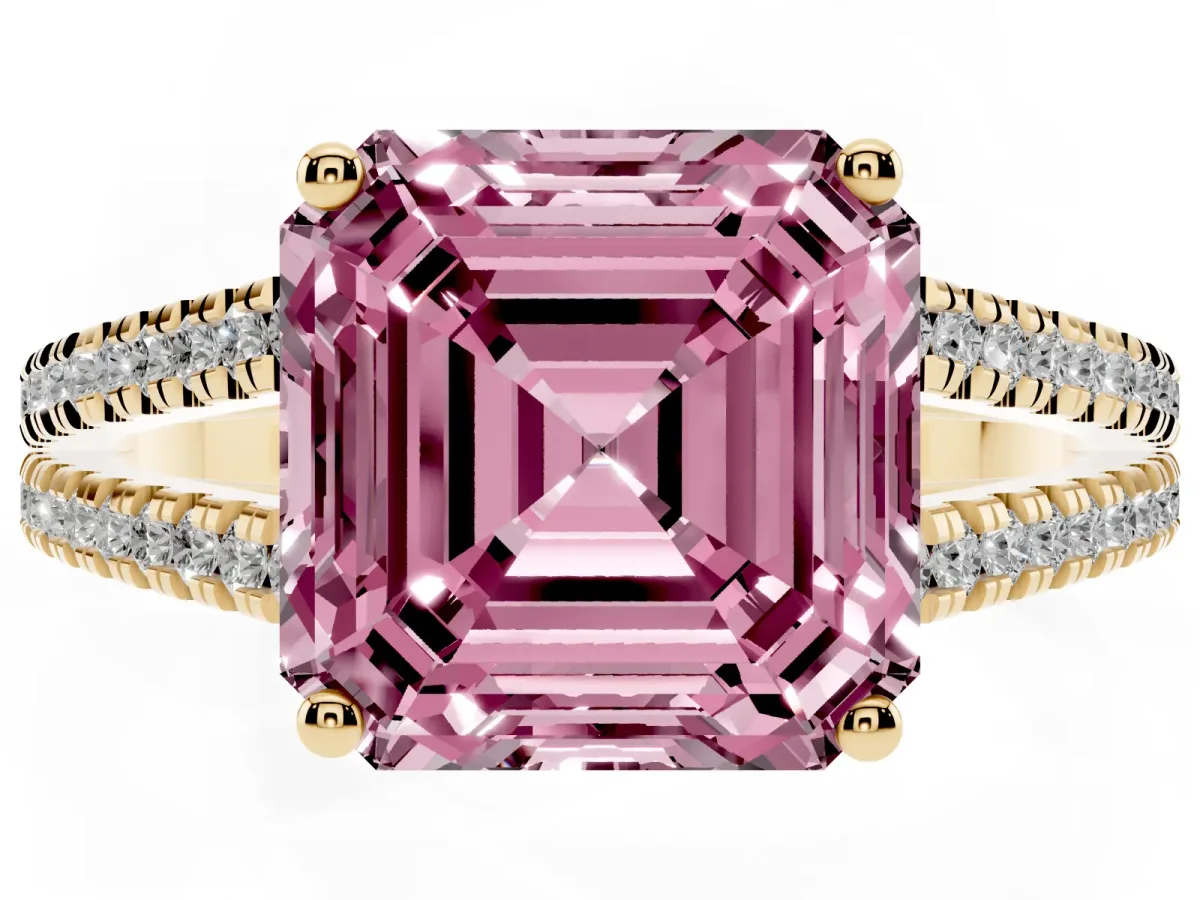 Fancy Pink Asscher Cut Diamond Solitaire Engagement Ring with Split Shank Pavé Band Yellow gold