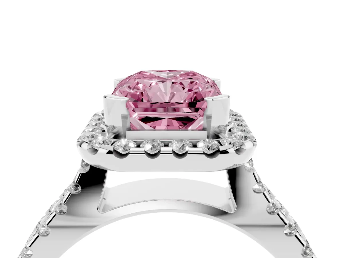 Fancy Pink Radiant Cut Diamond Halo Ring with Split Shank Pavé Band and Prong Setting Silver