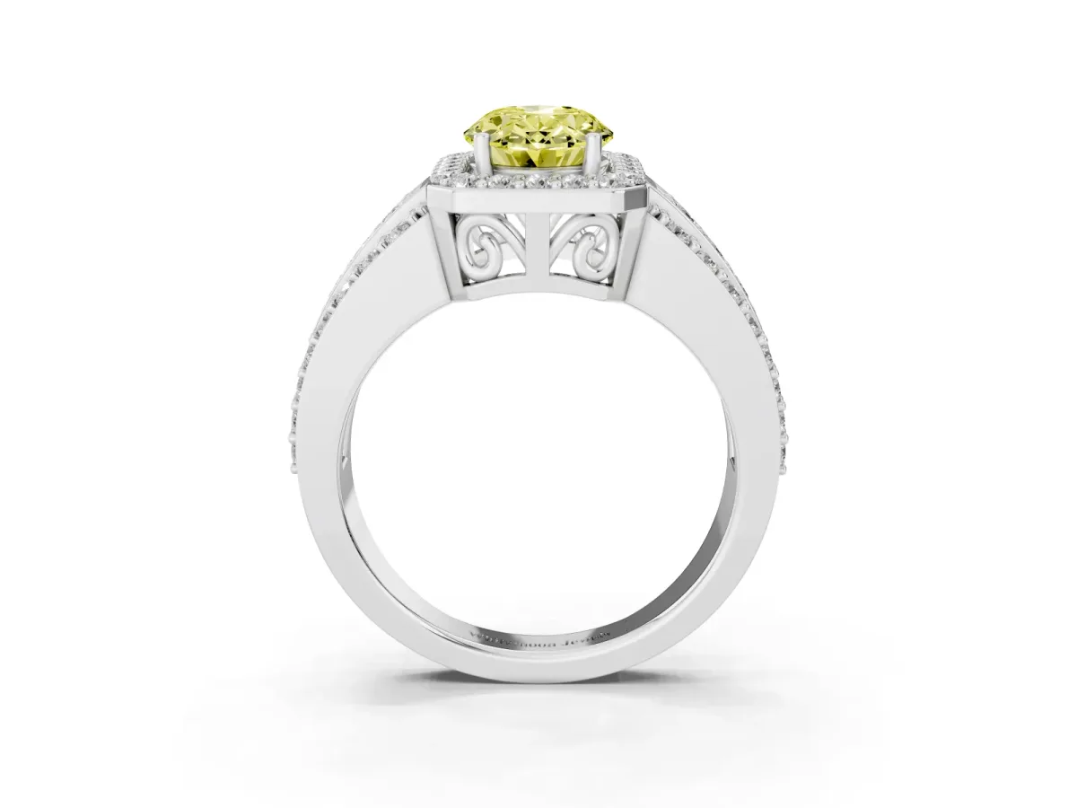 Fancy Yellow Oval Cut Halo Diamond Ring with Round Split Shank and Prong Setting Silver