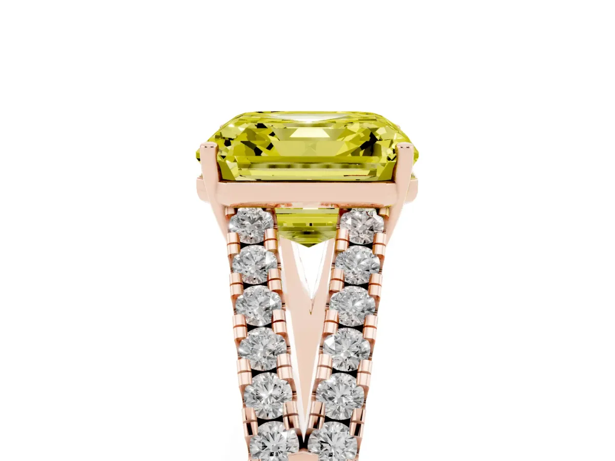Fancy Yellow Asscher Cut Diamond Split Shank Engagement Ring with Round Pavé and Prong Setting Rose gold