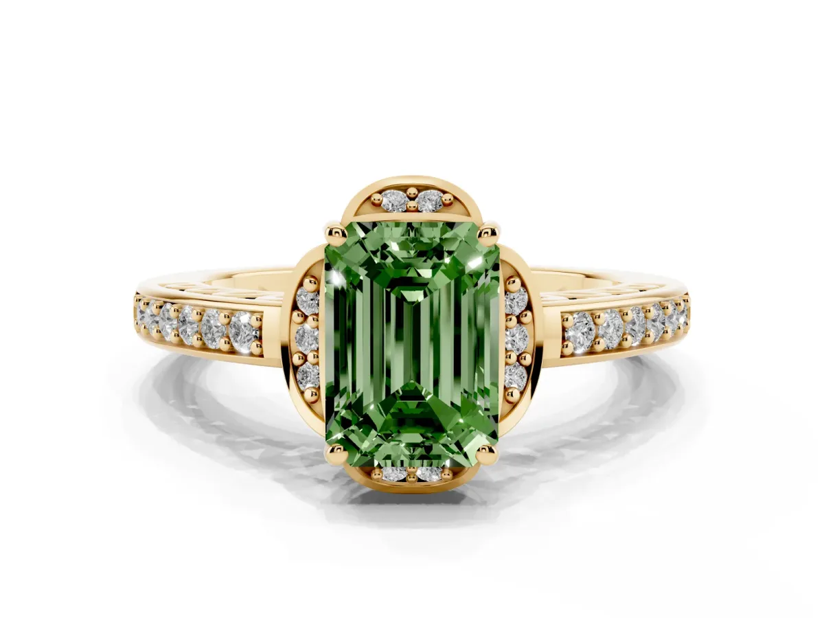 Fancy Green Emerald Cut Cut Halo Diamond Ring with Channel Set Band and Four-Prong Setting Yellow gold