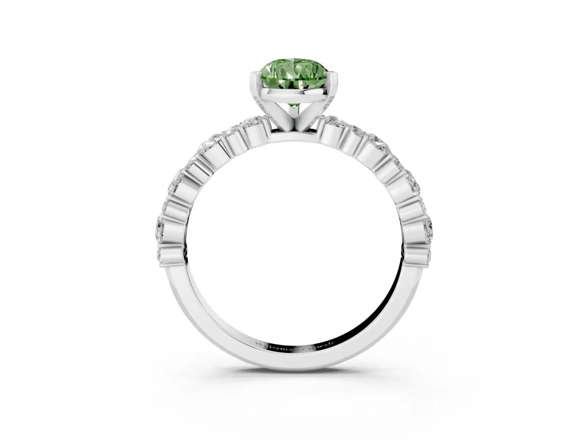 Fancy Green Pear Cut Diamond Side Stone Solitaire Ring with Round and Four-Prong Setting Silver