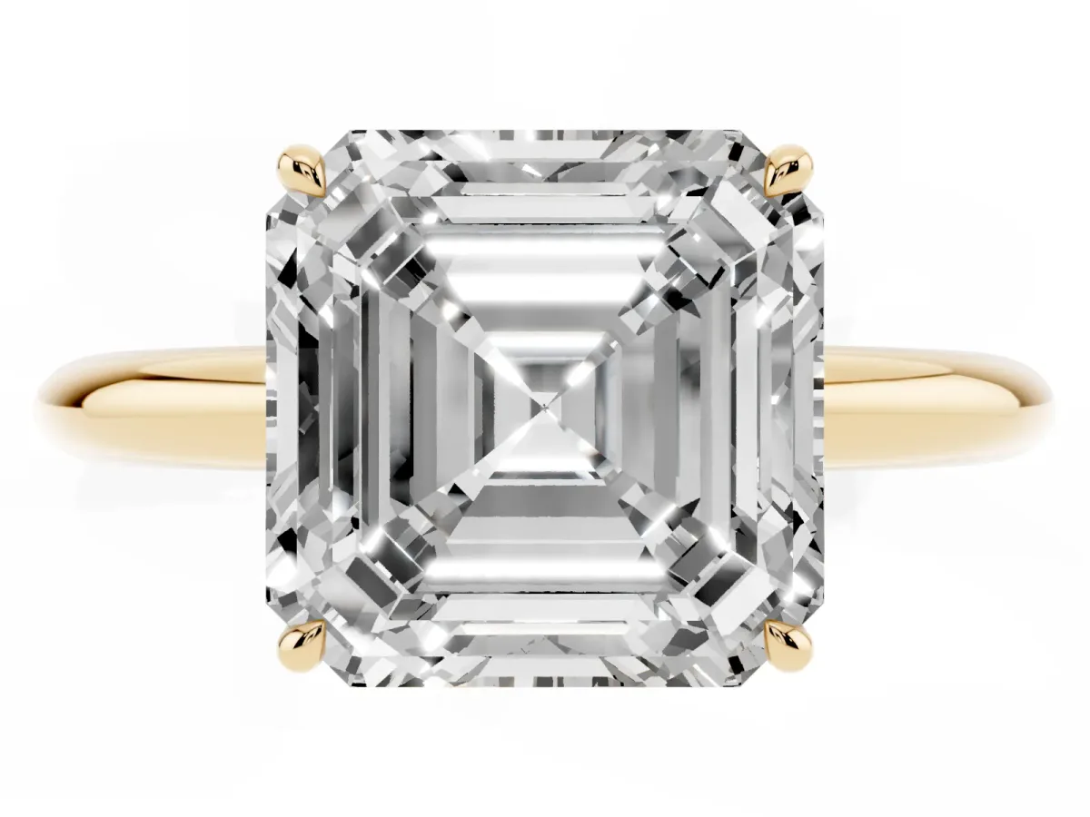 Asscher Cut Brilliant Solitaire Engagement Ring with Six-Prong Setting and Classic Band Yellow gold