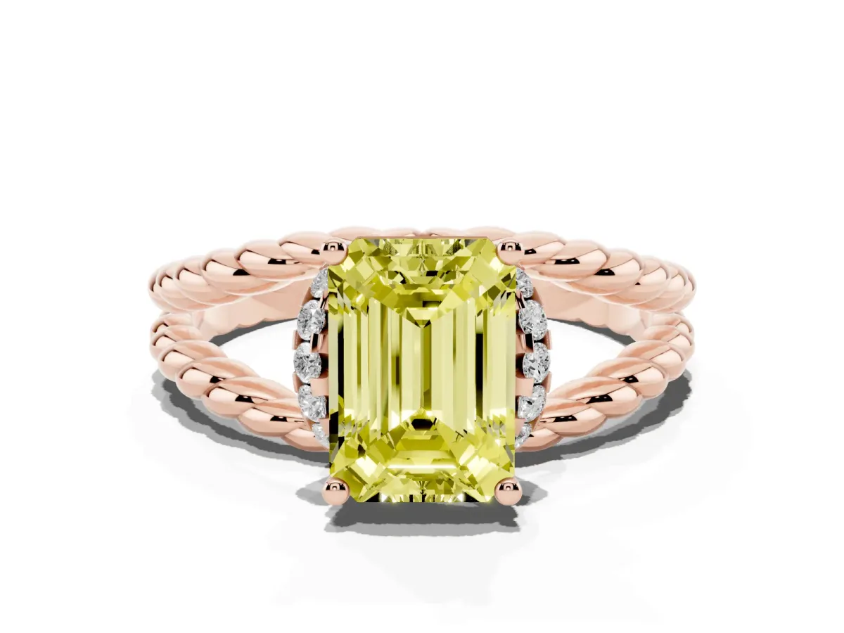 Fancy Yellow Emerald Cut Halo Twisted Band Four-Prong Ring Rose gold