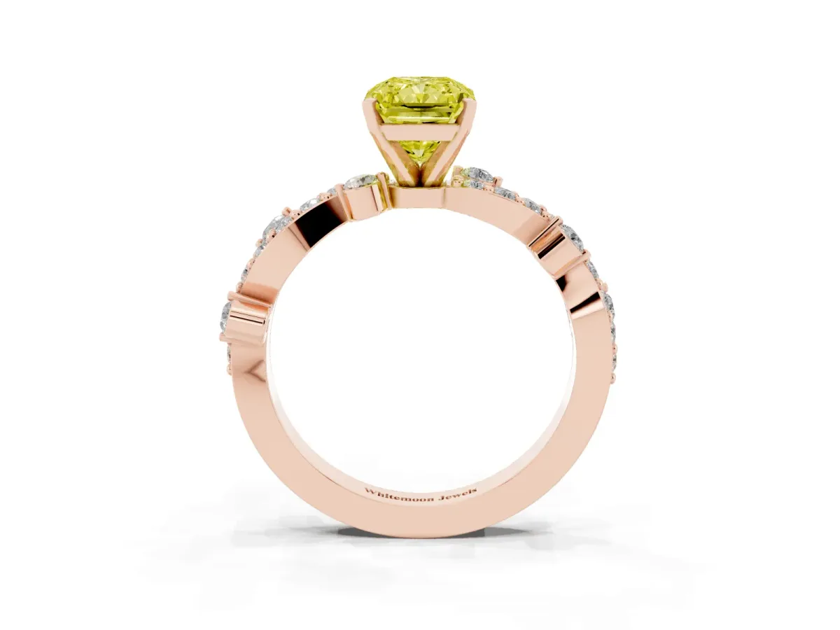 Fancy Yellow Radiant Cut Cut Solitaire Diamond Twisted Band with Pave Setting Rose gold