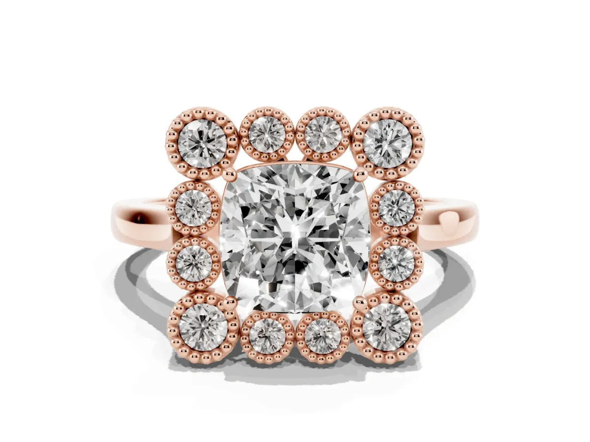 Cushion Cut Halo Diamond Cluster Engagement Ring with Milgrain Bezel Setting and Solitaire Band Rose gold