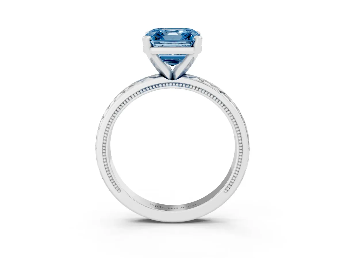 Fancy Blue Asscher Cut Solitaire Diamond Ring with Milgrain and Black Enamel X Pattern Band Silver