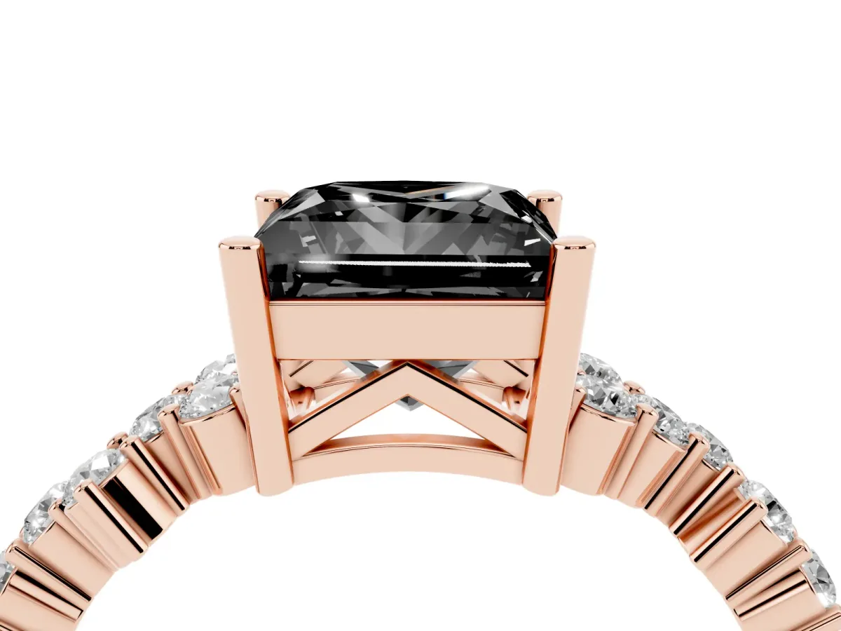 Fancy Black Princess Cut Diamond Scattered Round Accent Ring with Prong Setting Rose gold