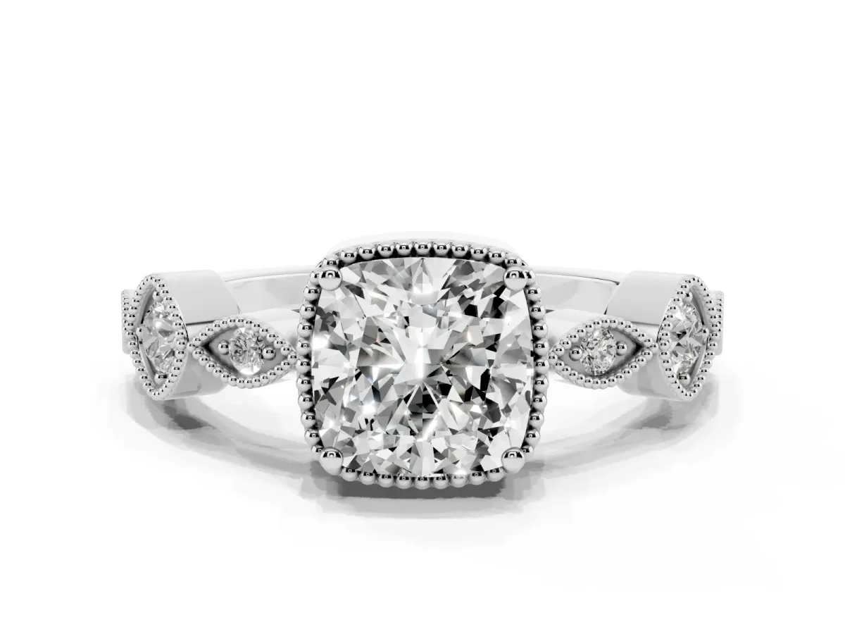 Cushion Cut Diamond Vintage Milgrain Ring with Round Stations Platinum