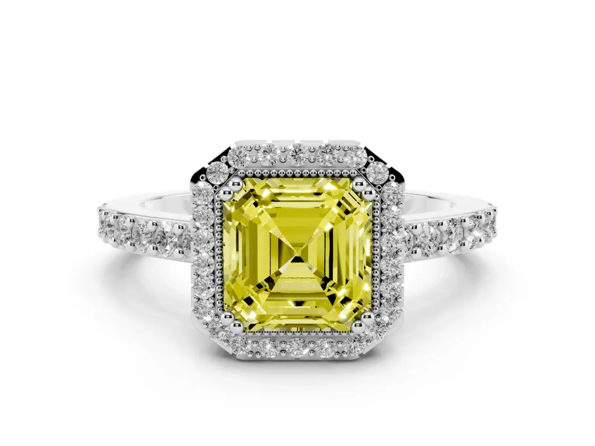 Fancy Yellow Asscher Cut Cut Diamond Halo Engagement Ring with Milgrain Detail and Pavé Band Silver