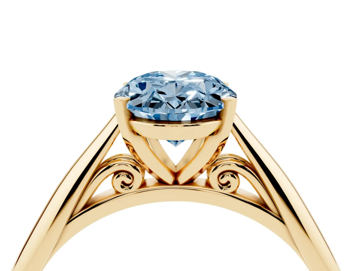 Fancy Blue Oval Cut Diamond Solitaire Engagement Ring with Cathedral Setting and Four-Prong Mount Yellow gold