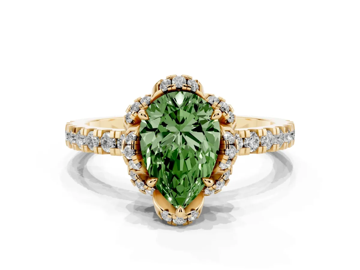 Fancy Green Pear Cut Diamond Halo Pave Band with Four-Prong Setting Yellow gold