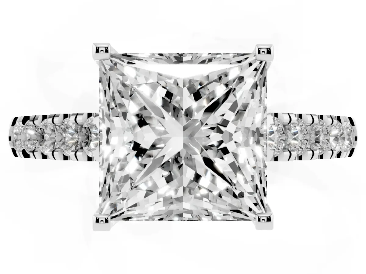 Princess Cut Diamond Pavé Band Solitaire Ring with Prong Setting Silver