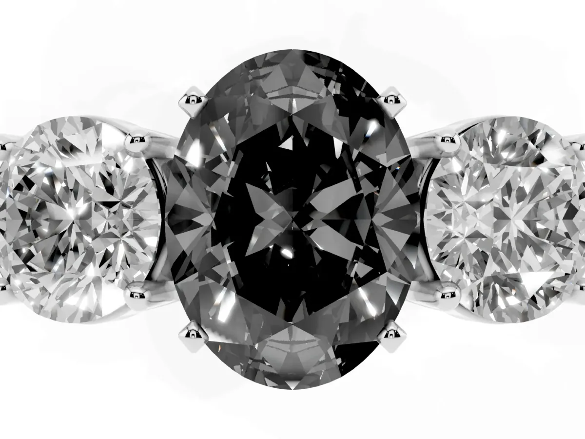 Fancy Black Three-Stone Oval Cut Diamond Ring with Round Side Stones, Classic Band, and Four-Prong Setting Silver