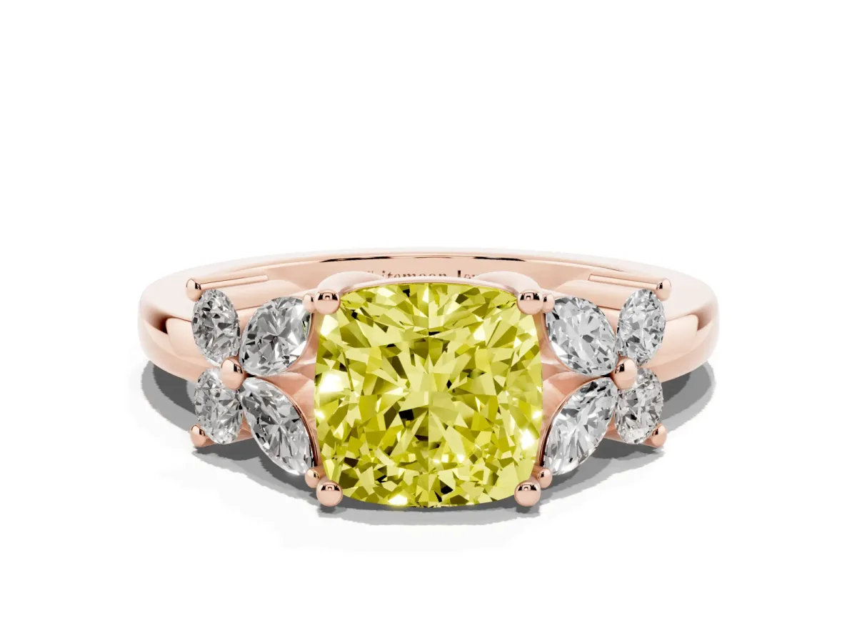 Fancy Yellow Cushion Cut Diamond Floral Cluster Ring with Solitaire Band and Prong Setting Rose gold