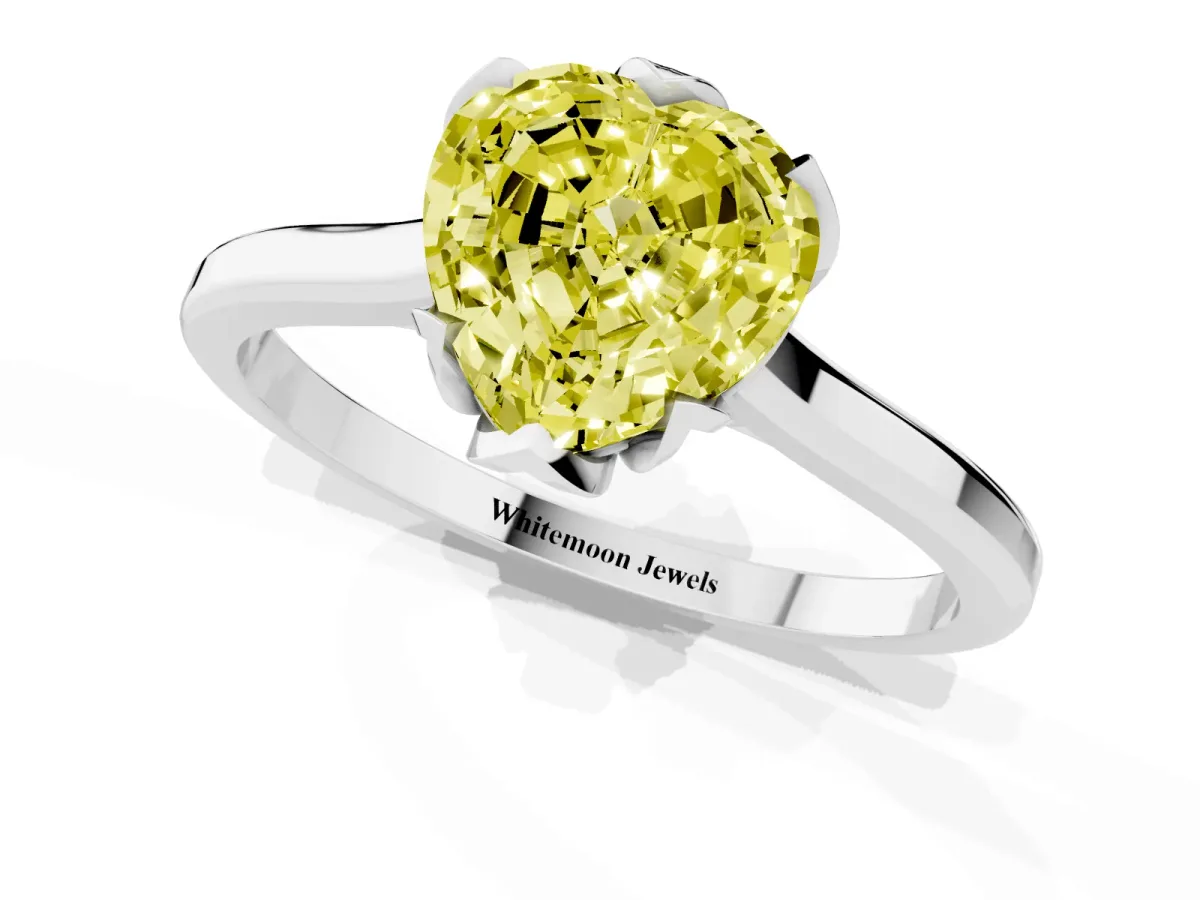 Fancy Yellow Heart Cut Diamond Solitaire Ring with Flower Prong Setting and Classic Band Silver
